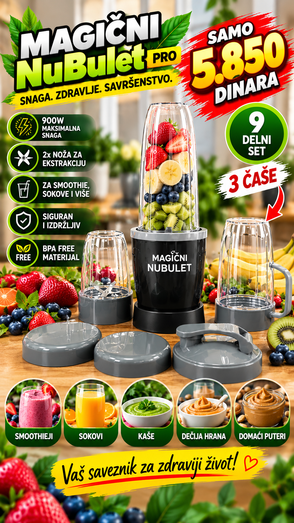 NuBullet Blender Najveći 900W sa 9 dodataka