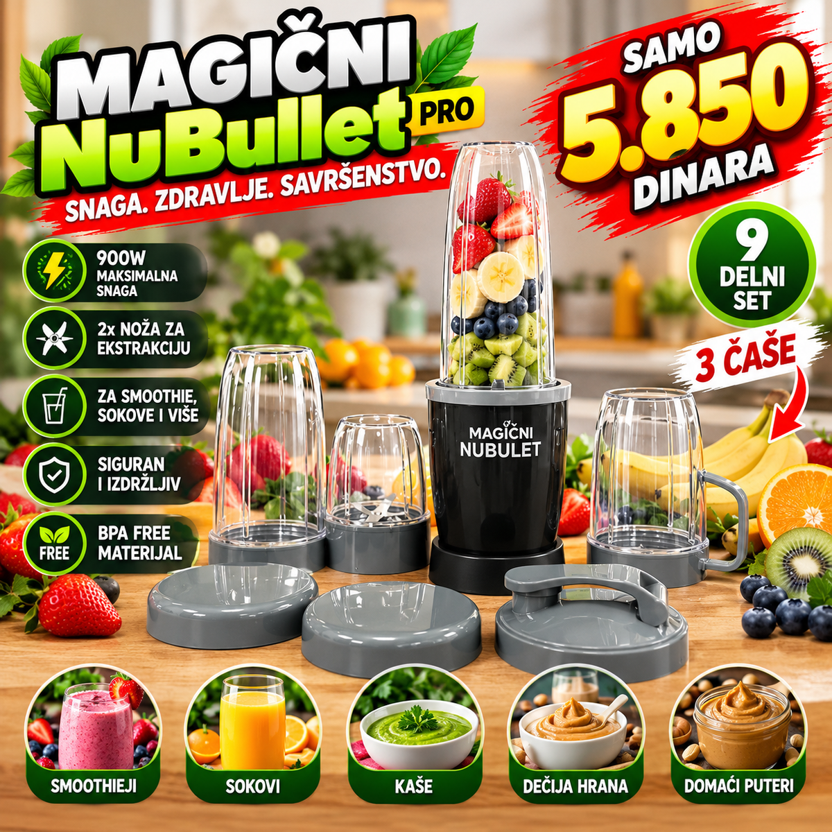 NuBullet Blender Najveći 900W sa 9 dodataka