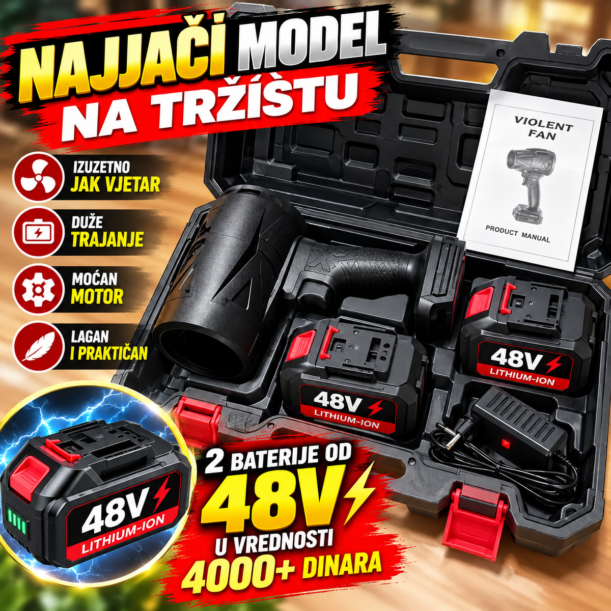 Aku Fen za Duvanje i Sušenje + 2 baterije po 48V