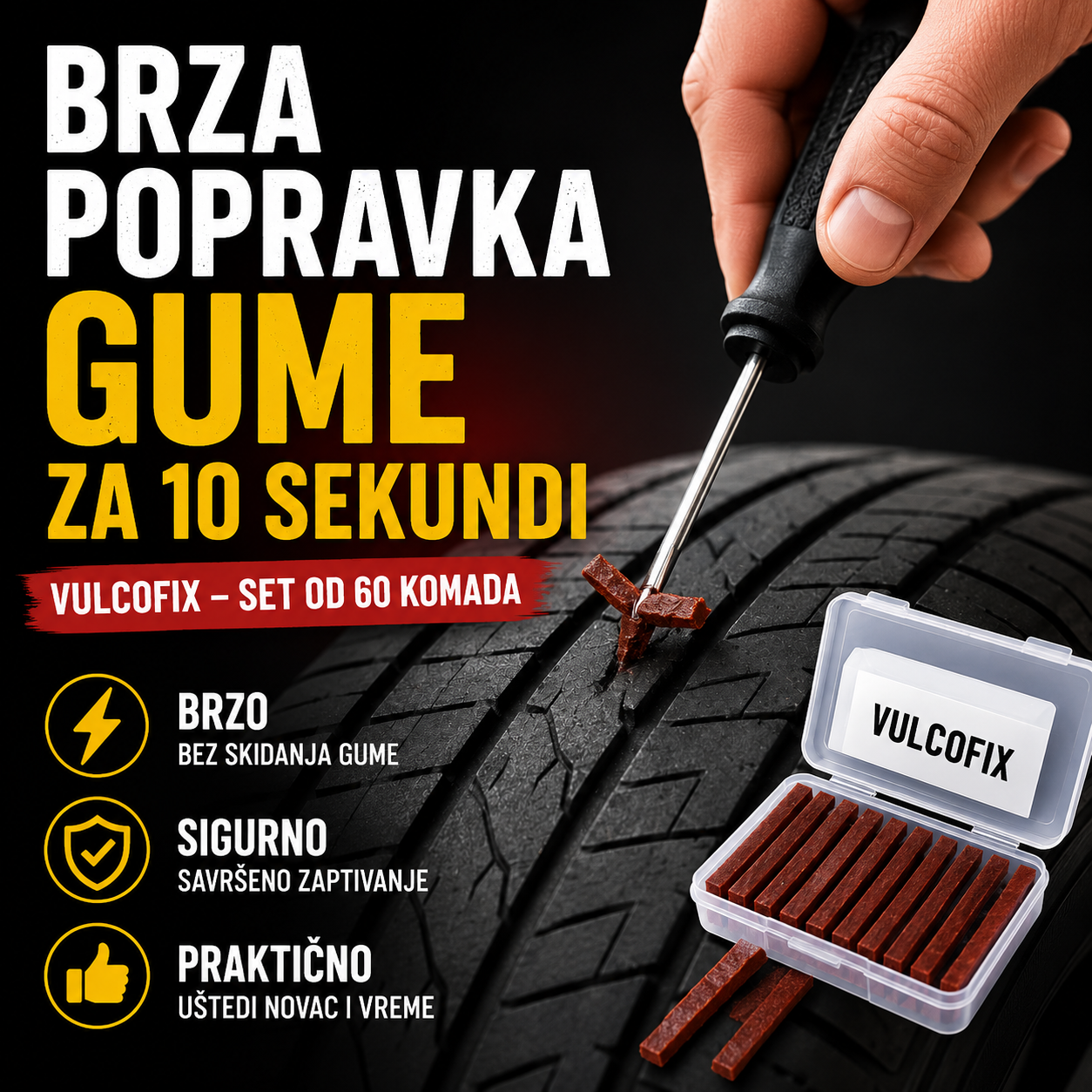 Brzo Zaptivajući Ekseri za Popravku Guma (60 Komada) | VULCOFIX