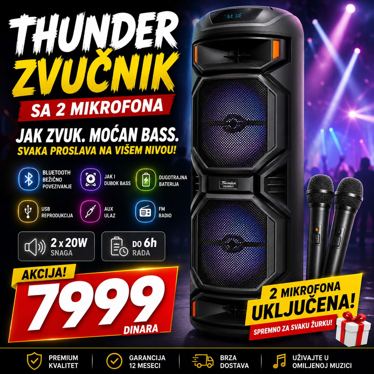 Veliki THUNDER Zvučnik sa DVA bežična mikrofona