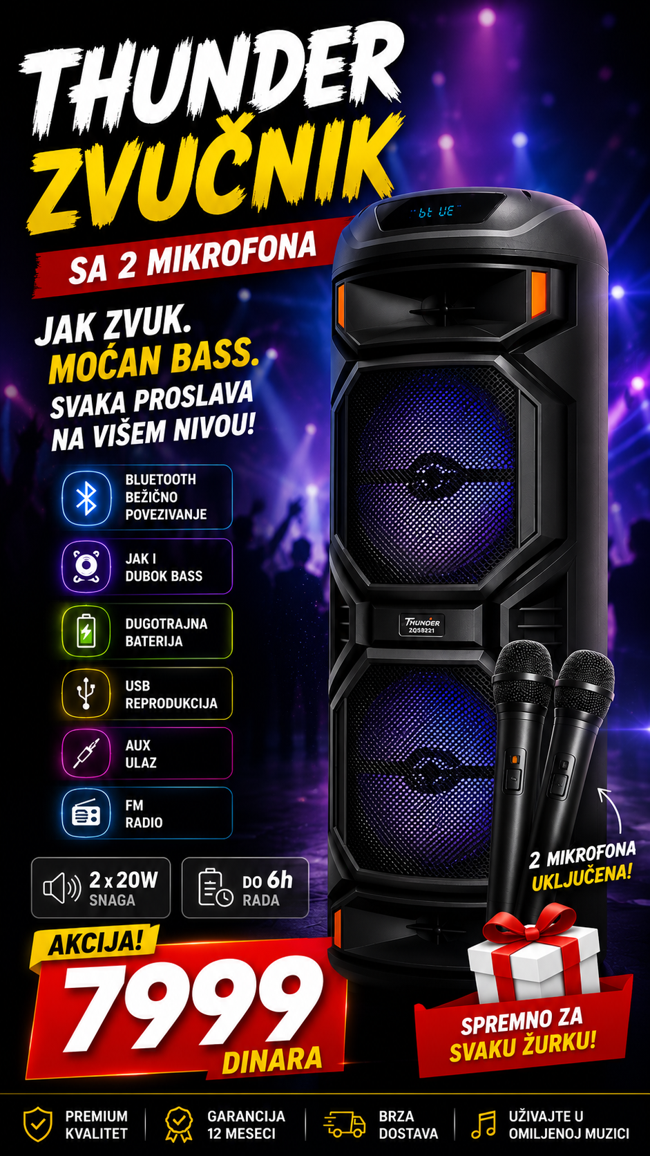 Veliki THUNDER Zvučnik sa DVA bežična mikrofona